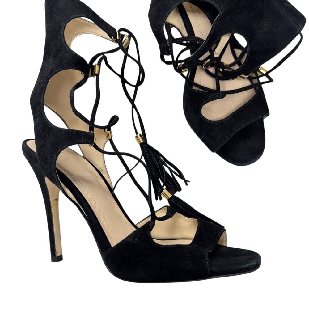 Marc Fisher Black Suede Strappy Lace Up Stiletto Heels Womens 7.5 Mllarsa Fringe